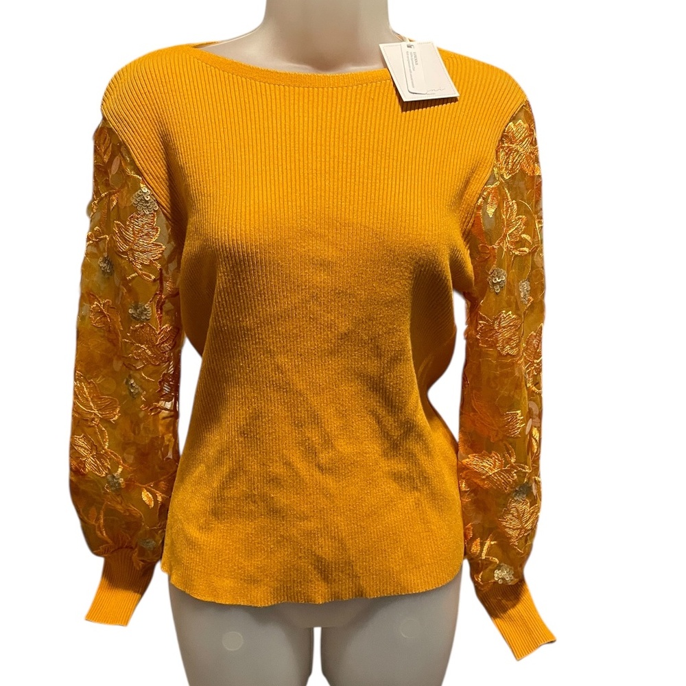 Sioni Milano Sweater Puffed Sheer Sequenced Sleeves Med Ribbed Knit Stretch NWT - Picture 2 of 13
